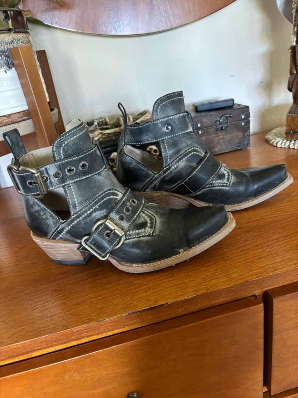 EUC Freebird by Steven Mayhem in Black Leather Cut-Out Buckle Ankle Boots